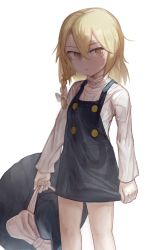 Rule 34 | 1girl, absurdres, black dress, black hat, blonde hair, bow, braid, breasts, buttons, closed mouth, dress, expressionless, feet out of frame, hair between eyes, hair bow, hakonnbo, hat, hat bow, highres, holding, holding clothes, holding hat, kirisame marisa, long hair, looking at viewer, pinafore dress, shirt, simple background, single braid, sleeveless, sleeveless dress, small breasts, solo, touhou, turtleneck, unworn hat, unworn headwear, white background, white bow, white shirt, witch hat, yellow eyes
