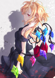 Rule 34 | 1girl, absurdres, alternate costume, arched back, black dress, blonde hair, blurry, blurry background, blurry foreground, calpis118, commentary request, cowboy shot, dress, expressionless, flandre scarlet, from side, gradient background, grey background, highres, long hair, looking at viewer, messy hair, no headwear, off-shoulder dress, off shoulder, ponytail, red eyes, shadow, short sleeves, sideways glance, simple background, solo, splatter background, standing, touhou, wings