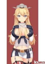 Rule 34 | 10s, 1girl, absurdres, belt, blonde hair, blue eyes, blush, breasts, character name, cleavage, elbow gloves, fingerless gloves, garter straps, gloves, hands on own chest, headgear, highres, iowa (kancolle), kantai collection, large breasts, long hair, looking at viewer, miniskirt, navel, red background, rumaki, self-upload, skirt, smile, solo, star-shaped pupils, star (symbol), symbol-shaped pupils