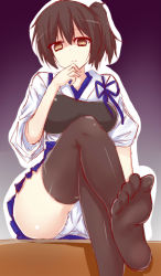Rule 34 | 10s, 1girl, black thighhighs, blue skirt, breasts, brown eyes, brown hair, commentary request, crossed legs, feet, japanese clothes, kaga (kancolle), kantai collection, long hair, looking at viewer, muneate, panties, pantyshot, ribbon, sakurapochi, shaded face, side ponytail, sitting, skirt, sleeves rolled up, soles, solo, tasuki, thighhighs, toes, underwear, white panties