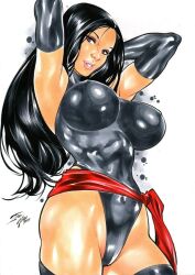 Rule 34 | 1girl, armpits, arms up, artist request, ass, bare shoulders, black hair, black leotard, breasts, covered navel, curvy, elbow gloves, gloves, highleg, highleg leotard, highres, impossible clothes, impossible leotard, large breasts, leotard, light smile, lips, long hair, looking at viewer, marvel, psylocke, red sash, revealing clothes, sash, scan, shiny clothes, shiny skin, simple background, skin tight, solo, standing, superhero costume, thong leotard, traditional media, wide hips, x-men