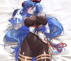 Rule 34 | 1girl, bed sheet, blue gloves, blue hair, bodystocking, breasts, come hither, covered erect nipples, covered navel, dylanlin, ganyu (genshin impact), genshin impact, gloves, half-closed eyes, highres, impossible clothes, large breasts, long hair, looking at viewer, lying, on back, purple eyes, skin tight, thighs, very long hair