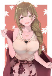Rule 34 | 1girl, ahoge, autumn leaves, bad id, bad pixiv id, blouse, bow, braid, breasts, brown eyes, brown hair, commentary request, floral print, hair bow, highres, idolmaster, idolmaster shiny colors, jewelry, kuwayama chiyuki, large breasts, long braid, long hair, looking at viewer, necklace, okuzashiki346, open mouth, orange background, red skirt, ribbon, shirt, single braid, skirt, smile, solo, white background
