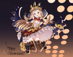 Rule 34 | 10s, 1girl, alternate eye color, blonde hair, blue eyes, blush, breasts, brown thighhighs, cagliostro (granblue fantasy), cape, crown, frilled skirt, frills, granblue fantasy, happy halloween, hatakenaka (kamagabuchi), highres, hood, hoodie, long hair, looking at viewer, open mouth, panties, puffy short sleeves, puffy sleeves, red ribbon, red skirt, ribbon, ruisu, short sleeves, simple background, skirt, solo, thighhighs, underwear, white panties