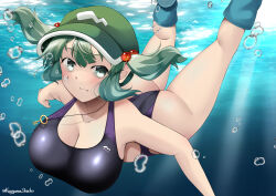 Rule 34 | 1girl, ass, black one-piece swimsuit, blue background, blue eyes, blue footwear, blue hair, blush, boots, breasts, bubble, cleavage, commentary request, competition swimsuit, flat cap, green hat, hair bobbles, hair ornament, hat, highres, jewelry, kagiyama shachou, kawashiro nitori, key, key necklace, large breasts, looking at viewer, medium hair, necklace, one-piece swimsuit, sidelocks, solo, swimsuit, touhou, two side up, underwater