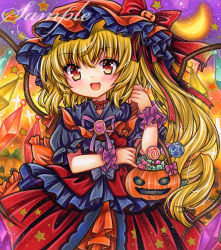 Rule 34 | 1girl, :d, alternate costume, basket, black dress, blonde hair, brooch, candy, cowboy shot, crescent moon, dress, fang, flandre scarlet, food, frills, halloween, hand up, hat, hat ribbon, holding, holding basket, jack-o&#039;-lantern, jewelry, lollipop, long hair, looking at viewer, marker (medium), mob cap, moon, neck ribbon, one side up, open mouth, orange hat, puffy short sleeves, puffy sleeves, purple background, purple ribbon, red dress, red eyes, red ribbon, ribbon, rui (sugar3), sample watermark, short sleeves, skirt, smile, solo, standing, star (symbol), touhou, traditional media, watermark, wings, wrist cuffs