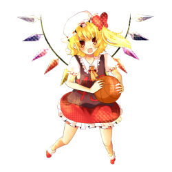 Rule 34 | 1girl, :d, ascot, ball, basketball, basketball (object), blonde hair, bow, collar, dress, female focus, flandre scarlet, hair bow, hat, holding, mob cap, open mouth, red dress, red eyes, short hair, short sleeves, side ponytail, simple background, skirt, smile, solo, touhou, umi (umi02), white background, winds, wings