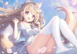 Rule 34 | 1girl, :d, animal ear fluff, animal ears, ass, bare shoulders, blue ribbon, blue sky, blush, breasts, brown hair, cloud, collarbone, commentary request, day, dress, hands up, highres, long hair, medium breasts, milia leclerc, no shoes, off-shoulder dress, off shoulder, open mouth, original, outdoors, p19, petals, purple eyes, ribbon, sky, smile, soles, solo, tail, thighhighs, very long hair, virtual youtuber, white dress, white thighhighs, wide sleeves