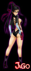 Rule 34 | 1girl, absurdres, arm at side, artist name, ass, back, bayonetta, bayonetta, bayonetta (series), black background, black hair, blue eyes, breasts, from behind, full body, glasses, gloves, gun, hair ribbon, hand on own hip, high heels, highres, jago dibuja, large breasts, leotard, lips, looking at viewer, looking back, outline, ribbon, shoes, sideboob, solo, standing, weapon