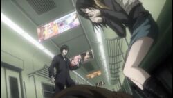 Rule 34 | 1boy, 1girl, background character, background characters, black hair, boots, covering own mouth, death, death note, legs, miniskirt, scared, screencap, skirt, stephen gevanni, train interior