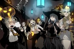 Rule 34 | 3boys, 6+girls, angry, bare shoulders, beer mug, black dress, black headwear, black jacket, blonde hair, brakka (gogalking), breasts, breath, broom, cleavage, closed eyes, collared shirt, cup, dress, earrings, gogalking, grey hair, hair down, halloween, halloween costume, hands up, hat, highres, holding, holding cup, horizontal pupils, horns, jacket, jacket on shoulders, jewelry, jitome, junior (gogalking), lantern, lender gregory (gogalking), leonir (gogalking), long hair, long sleeves, low-tied long hair, low ponytail, mug, multiple boys, multiple girls, necktie, open clothes, open jacket, open mouth, ophelia (gogalking), original, rosna (gogalking), school uniform, shirt, sitting, smile, smoke, standing, striped neckwear, torn clothes, torn shirt, very long hair, werewolf, white shirt, wide-eyed, wing collar, wings, witch, witch hat, yellow eyes