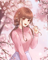 Rule 34 | 1girl, absurdres, bad id, bad pixiv id, blue sky, blunt bangs, blurry, blurry background, braid, brown eyes, brown hair, cherry blossoms, day, gya (144), hand up, highres, long sleeves, looking at viewer, open mouth, original, outdoors, pink sweater, sidelocks, sky, solo, spring (season), standing, sweater