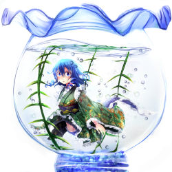 Rule 34 | 1girl, air bubble, blue eyes, blue hair, bubble, drill hair, fins, fishbowl, frilled kimono, frills, full body, green kimono, hair between eyes, head fins, highres, in container, japanese clothes, kimono, long sleeves, looking at viewer, mermaid, midriff peek, monster girl, obi, open mouth, pops, ringlets, sash, scales, seaweed, solo, submerged, surprised, touhou, triangle mouth, twin drills, wakasagihime, water, white background, wide sleeves