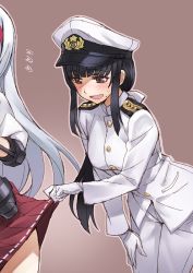 Rule 34 | 10s, 2girls, :d, bad id, black hair, blunt bangs, blush, buttons, clothes lift, female admiral (kancolle), female pervert, flying sweatdrops, gloves, gradient background, grey background, grey eyes, hair ribbon, hairband, hand on own thigh, hat, highres, kantai collection, leaning forward, lifting another&#039;s clothes, long hair, long sleeves, looking down, low ponytail, matsuryuu, military, military uniform, miniskirt, mole, mole under mouth, multiple girls, naughty face, open mouth, outline, pants, peaked cap, pervert, pleated skirt, ponytail, red skirt, ribbon, ribbon trim, shoukaku (kancolle), sidelocks, sketch, skirt, skirt lift, smile, solo focus, standing, sweatdrop, turtleneck, uniform, white gloves, white hair, yuri