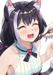 Rule 34 | 1girl, ^ ^, animal ear fluff, animal ears, bare shoulders, beppu mitsunaka, black hair, blush, brooch, cat ears, cat girl, cat tail, ciao churu, closed eyes, collarbone, feeding, food, food on face, gem, gloves, highres, holding, holding food, jewelry, karyl (princess connect!), multicolored hair, open mouth, pet food, princess connect!, purple gemstone, simple background, solo focus, streaked hair, tail, upper body, white background, white gloves, white hair