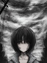 Rule 34 | 1girl, bags under eyes, bandaid, bandaid on face, bandaid on neck, black eyes, black hair, chan8016, closed mouth, cloud, cloudy sky, collarbone, expressionless, looking up, original, outdoors, overcast, pale skin, parted bangs, power lines, sky, solo, utility pole