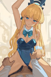 Rule 34 | 1boy, 1girl, :o, absurdres, animal ears, blonde hair, blue archive, blue bow, blue eyes, blue leotard, blue ribbon, blunt bangs, bow, breasts, cleavage, cowgirl position, erection, fake animal ears, hair bow, halo, hetero, highres, leotard, long hair, looking at viewer, lyib, medium breasts, non-web source, playboy bunny, pov, pussy juice, ribbon, sex, simple background, straddling, toki (blue archive), toki (bunny) (blue archive), vaginal, wrist cuffs