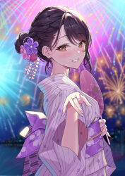 Rule 34 | 1girl, absurdres, aerial fireworks, black hair, blurry, blurry background, blush, braid, brown eyes, commentary request, depth of field, fireworks, from side, grey kimono, hair between eyes, hair bun, hand fan, hand up, highres, holding, holding fan, japanese clothes, jewelry, kimono, long sleeves, looking at viewer, looking to the side, nail polish, night, night sky, obi, okuma mai, original, outdoors, paper fan, purple nails, ring, sash, sky, skyline, smile, solo, striped clothes, striped kimono, uchiwa, vertical-striped clothes, vertical-striped kimono, wide sleeves
