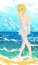 Rule 34 | 1girl, alternate costume, aqua nails, arms behind back, backless swimsuit, bare back, bare shoulders, beach, blue sky, cloud, cloudy sky, day, dress swimsuit, from behind, genshin impact, hair between eyes, highres, looking at viewer, looking back, lumine (genshin impact), ocean, off-shoulder one-piece swimsuit, off shoulder, one-piece swimsuit, short hair with long locks, sidelocks, sky, solo, swimsuit, tongue, tongue out, white one-piece swimsuit, yaner 10, yellow eyes