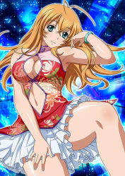 Rule 34 | 00s, 1girl, aqua eyes, armpits, bare shoulders, blonde hair, bracelet, breasts, cleavage, cleavage cutout, clothing cutout, eyebrows, ikkitousen, jewelry, large breasts, light brown hair, long hair, looking at viewer, navel, shiny skin, skirt, smile, solo, sonsaku hakufu, white skirt