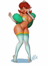 Rule 34 | 1girl, bikini, blue eyes, blush, breasts, brown hair, cleavage, commentary, contrapposto, curvy, earrings, english commentary, feather boa, flipped hair, flower earrings, full body, gloves, green gloves, green thighhighs, highres, jewelry, large breasts, lips, lipstick, makeup, making-of available, mario (series), medium hair, navel piercing, nintendo, open mouth, pendant, piercing, princess daisy, robaato, solo, standing, swimsuit, thick thighs, thighhighs, thighs, tiara, tiptoes, toes, white background
