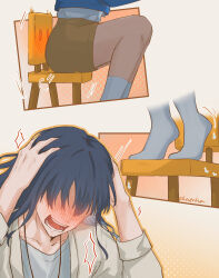 Rule 34 | 1boy, 1girl, absurdres, artist name, black hair, blue jacket, blush, brown shorts, chair, close-up, collarbone, commentary, english commentary, faceless, faceless male, feet, hands on own head, highres, iwato suzume, jacket, jewelry, knees, legs, long hair, mole, mole under eye, motion lines, multiple views, munakata souta, necklace, on chair, open mouth, shaecha27, shirt, shorts, sitting, sitting on object, socks, standing, standing on chair, suzume no tojimari, sweat, teeth, twitching, white jacket, white shirt, white socks