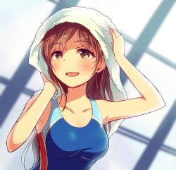 Rule 34 | 10s, 1girl, breasts, brown eyes, brown hair, competition swimsuit, idolmaster, idolmaster cinderella girls, idolmaster cinderella girls starlight stage, long hair, nitta minami, one-piece swimsuit, solo, swimsuit, towel, udon (memai no kabe)