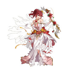 Rule 34 | 1girl, alternate costume, anna (fire emblem), bare shoulders, bouquet, bow (weapon), breasts, damaged, detached sleeves, dress, feather trim, female focus, fire emblem, fire emblem heroes, flower, flower brooch, gold bracelet, gold choker, high ponytail, holding, holding bouquet, holding bow (weapon), holding weapon, matching hair/eyes, medium breasts, nintendo, official alternate costume, official art, one eye closed, open mouth, ponytail, red eyes, red flower, red hair, red rose, rose, solo, teeth, torn clothes, torn dress, upper teeth only, v-shaped eyebrows, weapon, wedding dress, white background, white dress, wince, yellow flower, yellow rose
