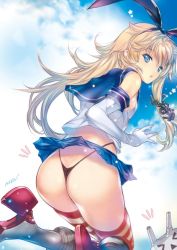 Rule 34 | 10s, 1girl, anchor hair ornament, ass, black panties, blonde hair, blue eyes, blue sailor collar, blue skirt, crop top, elbow gloves, from behind, gloves, hair ornament, highleg, highleg panties, kantai collection, long hair, looking at viewer, microskirt, min-naraken, panties, pleated skirt, rensouhou-chan, sailor collar, shimakaze (kancolle), skirt, solo, standing, standing on one leg, striped clothes, striped thighhighs, thighhighs, thong, underwear, white gloves
