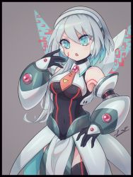Rule 34 | 1girl, android, black gloves, blue eyes, body markings, breasts, covered navel, gloves, hairband, highres, ico (megaman x dive), mega man (series), mega man x (series), mega man x dive, navel, necktie, robot girl, silver hair, sleeveless, tagme, transparent wings