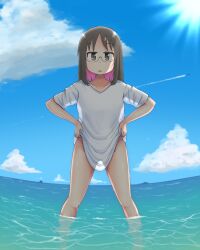 Rule 34 | 1girl, black eyes, black hair, clothes pull, cloud, cloudy sky, collarbone, day, dot nose, glasses, highres, kosakeyouko, long hair, looking at viewer, minakami mai, nichijou, ocean, open mouth, outdoors, partially submerged, see-through, see-through shirt, semi-rimless eyewear, shirt, shirt pull, sky, solo, standing, sun, water, white shirt