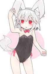 Rule 34 | 1girl, absurdres, animal ear fluff, animal ears, arm up, bare arms, bare shoulders, black leotard, blush, bow, bowtie, collar, covered navel, detached collar, fake animal ears, groin, hair between eyes, hairband, highres, inubashiri momiji, kibisake, leotard, outline, pink background, playboy bunny, rabbit ears, red bow, red bowtie, red eyes, silver hair, solo, standing, strapless, strapless leotard, tail, thick eyebrows, touhou, two-tone background, white background, white collar, white hairband, white outline, wolf ears, wolf girl, wolf tail