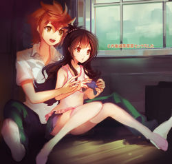 Rule 34 | 1boy, 1girl, :d, black hair, blush, brother and sister, brown hair, camisole, commentary, gameplay mechanics, highres, knees together feet apart, long hair, meme, on floor, open mouth, panties, playing games, school uniform, siblings, sitting, skirt, smile, softmode, they had lots of sex afterwards (meme), thighhighs, to love-ru, translation request, underwear, yuuki mikan, yuuki rito