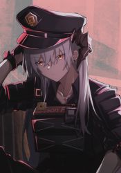 Rule 34 | 1girl, arknights, black gloves, chinese commentary, closed mouth, commentary request, ear piercing, gloves, hat, hibioes, highres, horns, long hair, official alternate costume, orange eyes, piercing, bulletproof vest, police, police hat, police uniform, saria (arknights), saria (the law) (arknights), silver hair, solo, tactical clothes, uniform, walkie-talkie