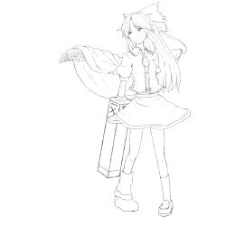 Rule 34 | 1girl, absurdres, arm cannon, asymmetrical footwear, bow, cape, full body, greyscale, hair bow, highres, kawashina (momen silicon), lineart, long hair, mismatched footwear, monochrome, reiuji utsuho, skirt, solo, touhou, transparent background, weapon, wings