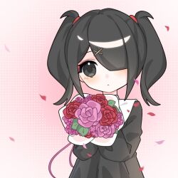 Rule 34 | 1girl, ame-chan (needy girl overdose), black dress, black eyes, black hair, bouquet, closed mouth, collared dress, dress, flower, hair ornament, hair over one eye, holding, holding bouquet, long hair, long sleeves, looking at viewer, mofa shaonu xiao die, needy girl overdose, official alternate costume, petals, pink flower, pink rose, red flower, red rose, rose, rose petals, solo, twintails, x hair ornament