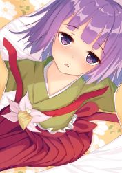 Rule 34 | 1girl, absurdres, aqpaca, blunt bangs, blush, floral print, from above, hieda no akyuu, highres, japanese clothes, ke-ta (style), kimono, looking at viewer, lying, nose blush, on back, open mouth, purple eyes, purple hair, short hair, solo, touhou