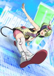 Rule 34 | 10s, 1girl, abstract background, android, bike shorts, blush, boots, cable, cable tail, copyright name, dimension w, dress, green eyes, green hair, happy, headgear, highres, looking at viewer, matching hair/eyes, mechanical tail, multicolored hair, nekota susumu, open mouth, short hair, smile, solo, streaked hair, tail, thigh boots, thighhighs, two-tone hair, white thighhighs, yurizaki mira