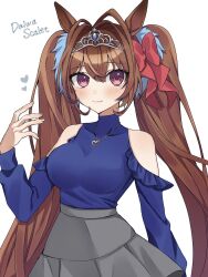 Rule 34 | 1girl, bare shoulders, blue shirt, blush, bow, breasts, brown hair, character name, closed mouth, clothing cutout, daiwa scarlet (umamusume), grey skirt, hair bow, hair intakes, hand up, heart, highres, jewelry, lips, long hair, long sleeves, looking at viewer, medium breasts, necklace, papuchi (papri pa), red eyes, shirt, shirt tucked in, shoulder cutout, simple background, skirt, smile, solo, tiara, turtleneck, twintails, umamusume, upper body, very long hair, white background