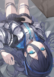 Rule 34 | 1girl, absurdres, aris (blue archive), bed sheet, black hair, black skirt, blue archive, blue eyes, blue hairband, blue necktie, blush, collared shirt, commentary, controller, game controller, guree (haiiro), hair between eyes, hair spread out, hairband, highres, holding, holding controller, holding game controller, jacket, knees up, long bangs, long hair, long hair between eyes, long sleeves, looking at viewer, lying, necktie, open clothes, open jacket, pleated skirt, shirt, skirt, solo, thighs, upside-down, very long hair, white jacket, white shirt