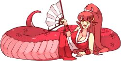 Rule 34 | 1girl, blush, bottomless, breasts, cleavage, cosplay, fang, fatal fury, folding fan, full body, hair ornament, hairclip, hand fan, holding, holding fan, lamia, large breasts, long hair, long pointy ears, lying, miia (monster musume), monster girl, monster musume no iru nichijou, ninja, on side, open mouth, pointy ears, ponytail, red hair, rtil, scales, shiranui mai, shiranui mai (cosplay), smile, solo, the king of fighters, white background, yellow eyes