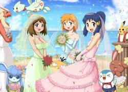 Rule 34 | &gt; &lt;, 3girls, :d, ?, aircraft, alternate breast size, alternate costume, alternate hairstyle, alternate headwear, balloon, bare shoulders, beach, blaziken, blue eyes, blue hair, blush, body blush, bouquet, breasts, bridal veil, bride, brown hair, buneary, cleavage, closed eyes, clothed pokemon, cloud, collarbone, confetti, creatures (company), dawn (pokemon), day, dress, elbow gloves, flat chest, flower, frilled dress, frills, game freak, gen 1 pokemon, gen 2 pokemon, gen 3 pokemon, gen 4 pokemon, glaceon, gloves, gouguru, green dress, green eyes, gym leader, happy, holding, hot air balloon, jewelry, large breasts, long dress, long hair, long skirt, looking at viewer, may (pokemon), meowth, misty (pokemon), mouth hold, multiple girls, necklace, nintendo, ocean, open mouth, orange hair, outdoors, petals, pikachu, pink dress, piplup, pokemon, pokemon (anime), pokemon (creature), polygamy, ponytail, psyduck, rose, short hair, skirt, smile, standing, team rocket, tiara, togetic, veil, water, wedding, wedding dress, wife and wife and wife