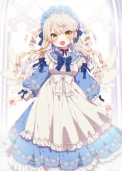 Rule 34 | 1girl, blonde hair, blue bow, blue brooch, blue choker, blue dress, blue hairband, blurry, blurry background, blush, bow, brooch, choker, dress, drill hair, earrings, frilled dress, frilled hairband, frills, hair between eyes, hairband, indie virtual youtuber, jewelry, kuchinashi rina, long hair, long sleeves, looking at viewer, mamyouda, open mouth, puffy long sleeves, puffy sleeves, solo, standing, star (symbol), star choker, white bow, white dress, white wings, wings, yellow eyes