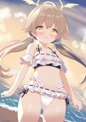 Rule 34 | 1girl, beach, bikini, blue archive, blush, brown hair, cloud, evening, frilled bikini, frills, halo, hifumi (blue archive), hifumi (swimsuit) (blue archive), highres, hiiragisensei, long hair, looking at viewer, low twintails, navel, ocean, official alternate costume, open mouth, orange sky, sky, solo, standing, swimsuit, twintails, white bikini, yellow eyes, yellow halo