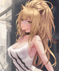 Rule 34 | 1girl, animal ears, arknights, artist name, bad id, bad pixiv id, bare arms, bare shoulders, black choker, blonde hair, blurry, blurry background, breasts, chihunhentai, choker, cleavage, collarbone, commentary, depth of field, fang, hair between eyes, high ponytail, large breasts, lion ears, lion girl, long hair, looking at viewer, messy hair, parted lips, see-through, sidelocks, siege (arknights), sleeveless, smile, solo, tank top, upper body, very long hair, watermark, white tank top, yellow eyes