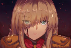 Rule 34 | 1girl, absurdres, bad id, bad pixiv id, blonde hair, blood, blood on face, close-up, closed mouth, crying, crying with eyes open, epaulettes, eyes visible through hair, fate/grand order, fate (series), frown, green eyes, hair over one eye, highres, long hair, looking at viewer, nero claudius (fate), nero claudius (fate) (all), nero claudius (fate/extra), rekung, sidelocks, solo, streaming tears, tears, tsurime, upper body