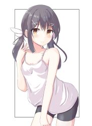 Rule 34 | absurdres, bare arms, bare shoulders, black hair, breasts, camisole, cleavage, closed mouth, contrapposto, cowboy shot, expressionless, fate/kaleid liner prisma illya, fate (series), hair ornament, hairclip, hand up, highres, leaning forward, light blush, long hair, looking at viewer, miyu edelfelt, pants, ruibosu fuumi, shorts, sidelocks, small breasts, standing, tight clothes, tight pants, turning head, twintails, white camisole, wing hair ornament, yellow eyes