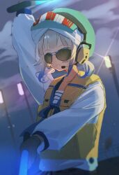 Rule 34 | 1boy, arm up, aviator sunglasses, black gloves, blue hair, blue neckerchief, blunt bangs, blurry, blurry background, brown hair, cloud, cloudy sky, depth of field, diffraction spikes, fate/grand order, fate (series), gloves, gradient hair, headset, highres, holding glowstick, lamppost, life vest, long sleeves, looking at viewer, low twintails, marine nemo (fate), marshalling wands, multicolored hair, neckerchief, nemo (fate), nemosk3o, night, official alternate costume, open mouth, outdoors, shirt, short twintails, sky, solo, sunglasses, turban, twintails, upper body, vest, white shirt, yellow vest