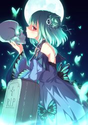 Rule 34 | 1girl, absurdres, blue dress, bug, butterfly, commentary request, dress, from side, full moon, green butterfly, green hair, hair bun, hair ornament, highres, holding, holding skull, hololive, insect, long hair, long sleeves, looking at viewer, moon, red eyes, sideways glance, single hair bun, skull, skull hair ornament, solo, tombstone, ugume, uruha rushia, uruha rushia (1st costume), virtual youtuber, wide sleeves