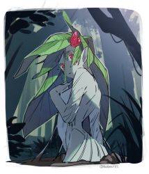 Rule 34 | 1girl, border, female focus, flower, from behind, hair flower, hair ornament, looking at viewer, looking back, monster girl, mullmull02, nature, original, outdoors, plant girl, plant hair, pointy ears, red eyes, solo, twitter username, white border